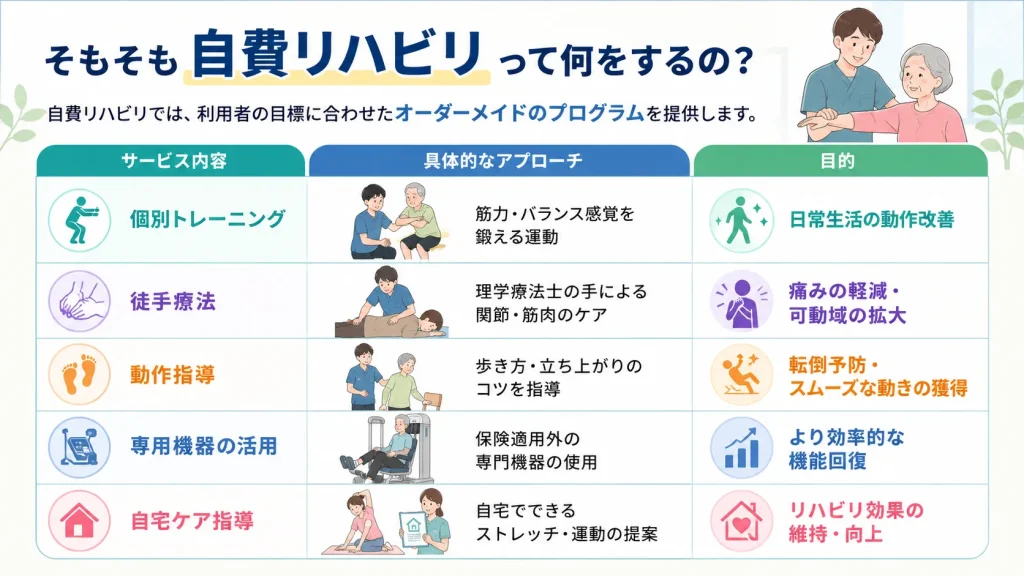 自費リハビリのサービス内容(個別トレーニングや徒手療法など)とその目的をまとめた表