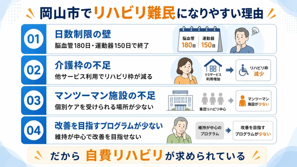 岡山市でリハビリ難民になりやすい4つの理由（日数制限、介護枠不足など）と、自費リハビリが求められる背景を解説した図解。