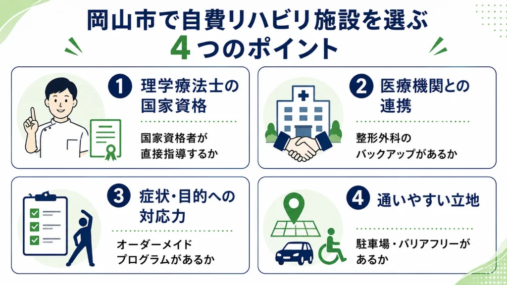 岡山市で自費リハビリ施設を選ぶための4つのポイント（国家資格、医療連携、対応力、立地）をまとめた図解。