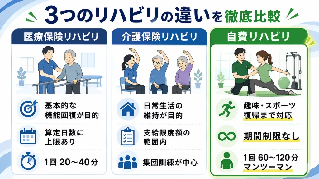 医療保険リハビリ・介護保険リハビリ・自費リハビリの3つの違いを目的・期間・時間で徹底比較した図解