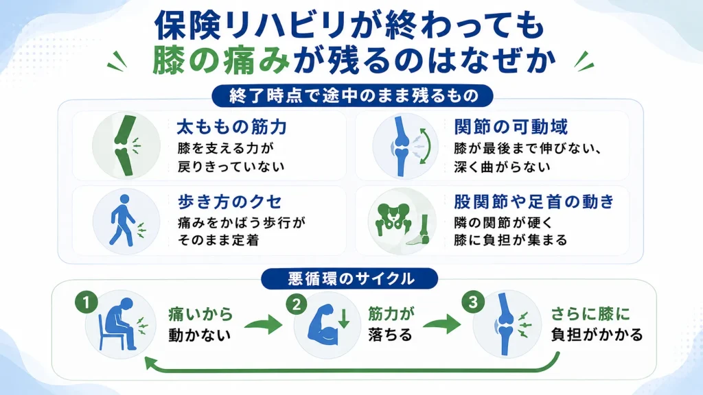 保険リハビリが終わっても膝の痛みが残る理由の図解
