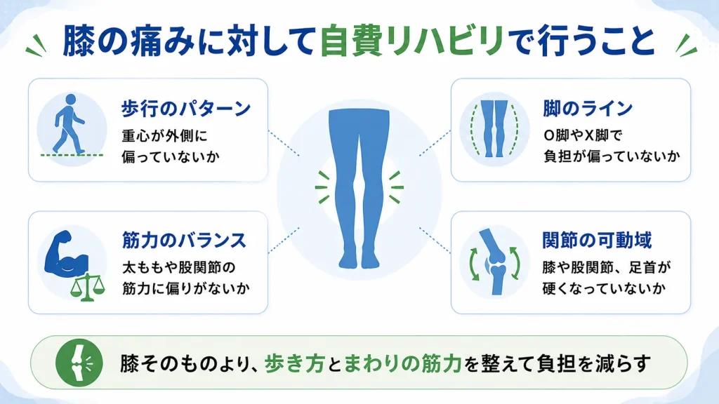 膝の痛みに対して自費リハビリで行うことの図解