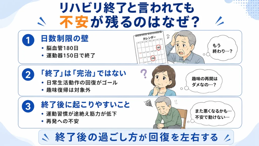 リハビリ終了と言われても不安が残る3つの理由。日数制限の壁・「終了」は「完治」ではないこと・終了後に起こりやすいことを解説した図解