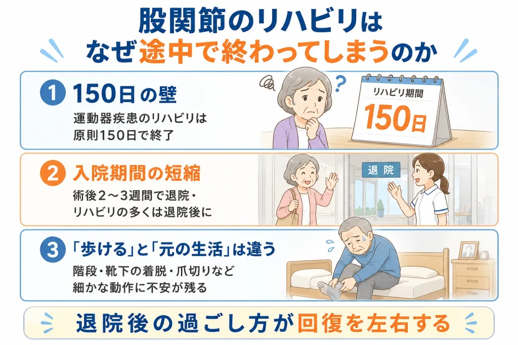 股関節のリハビリが途中で終わってしまう3つの理由。150日の算定日数上限・入院期間の短縮・「歩ける」と「元の生活」の違いを解説した図解