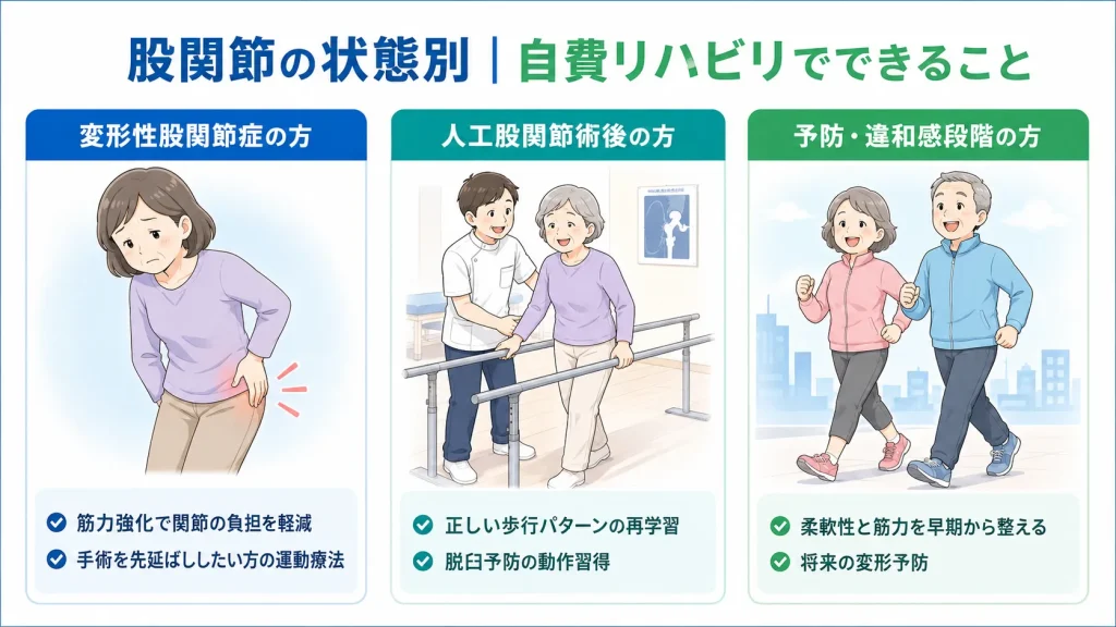 股関節の状態別に自費リハビリでできること。変形性股関節症・人工股関節術後・予防段階の3つのケース別に活用法を解説した図解