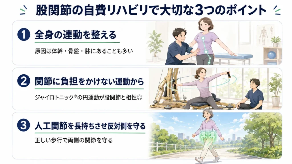 股関節の自費リハビリで大切な3つのポイント。全身の連動を整える・関節に負担をかけない運動・人工関節を長持ちさせ反対側を守ることを解説した図解