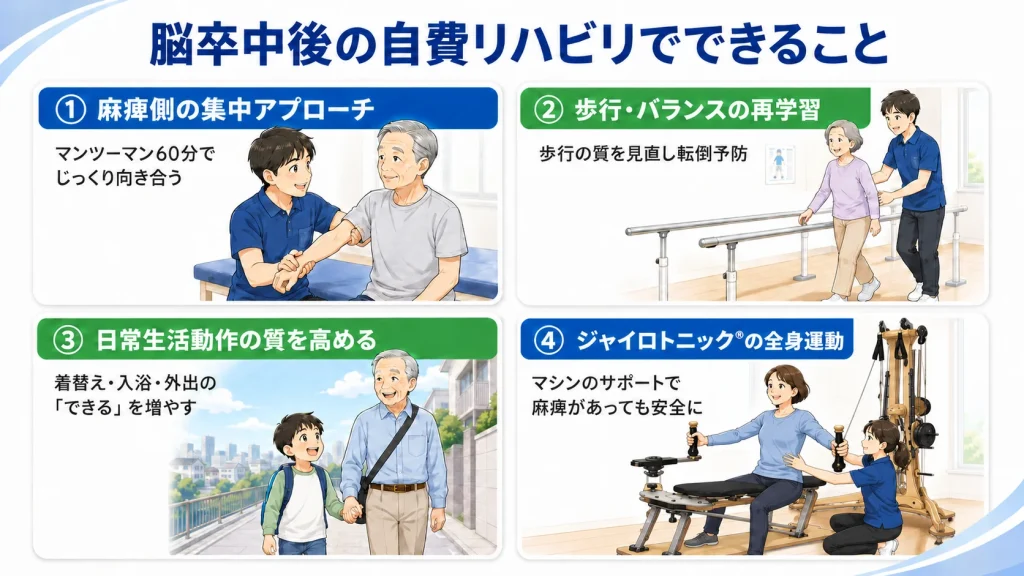 脳卒中後の自費リハビリでできること。麻痺側の集中アプローチ・歩行バランスの再学習・日常生活動作の改善・ジャイロトニック®の全身運動という4つの内容を解説した図解