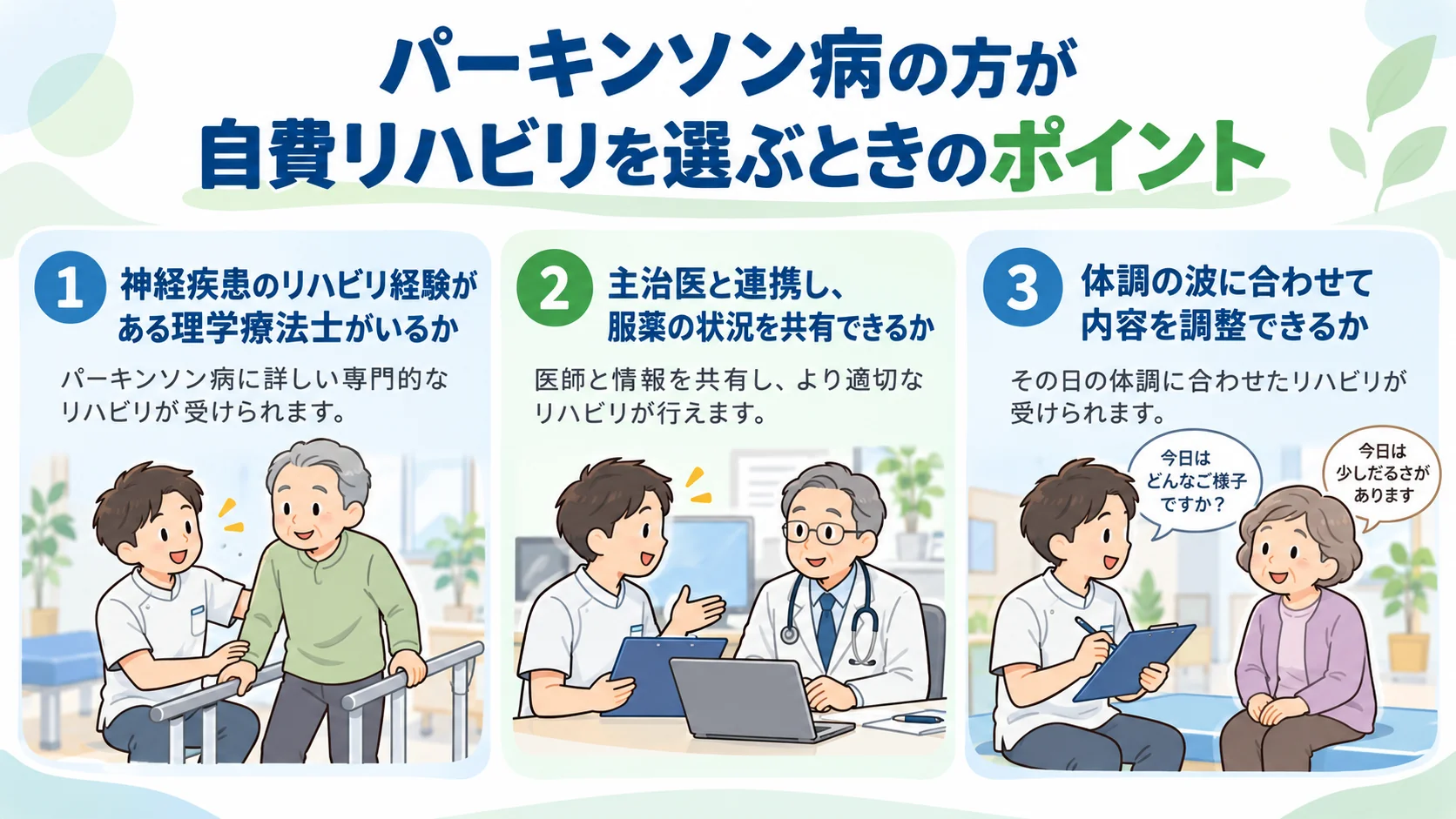 パーキンソン病の方が自費リハビリを選ぶときの3つのポイントの図解