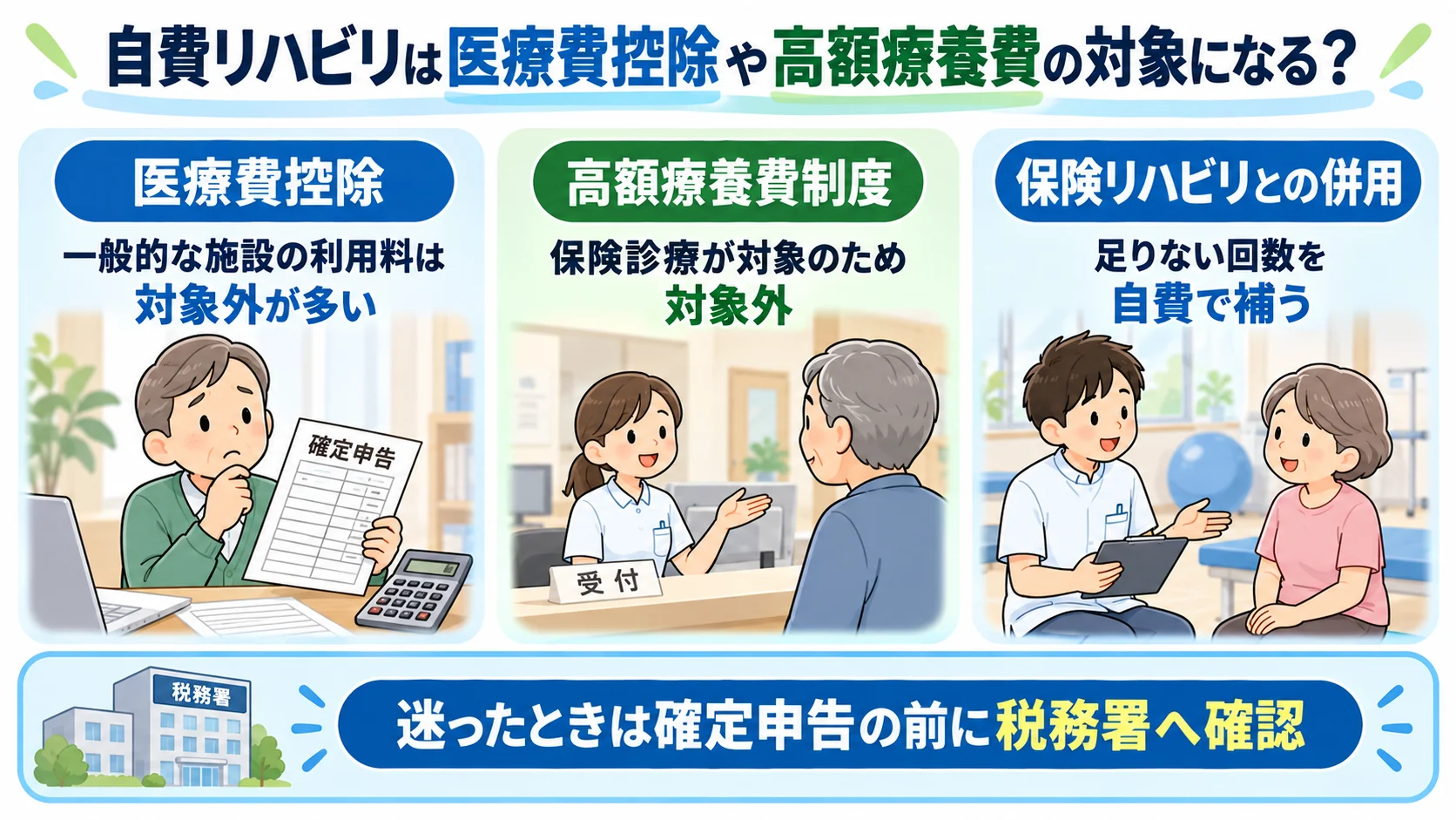 自費リハビリと医療費控除・高額療養費制度の関係をまとめた図解
